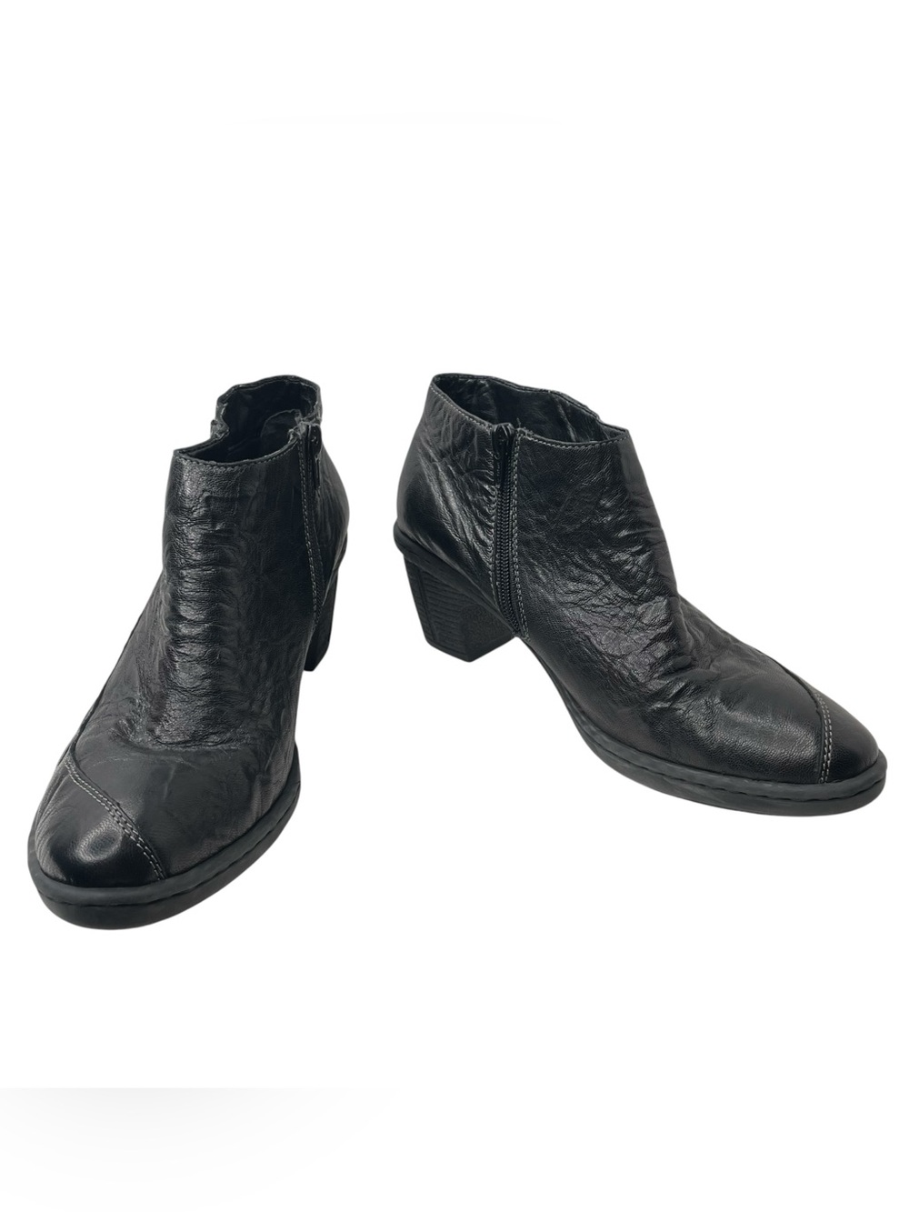 Rieker Boots Womens 41 Ankle Bootie Side Zip Almond Toe Block Heel Leather Black